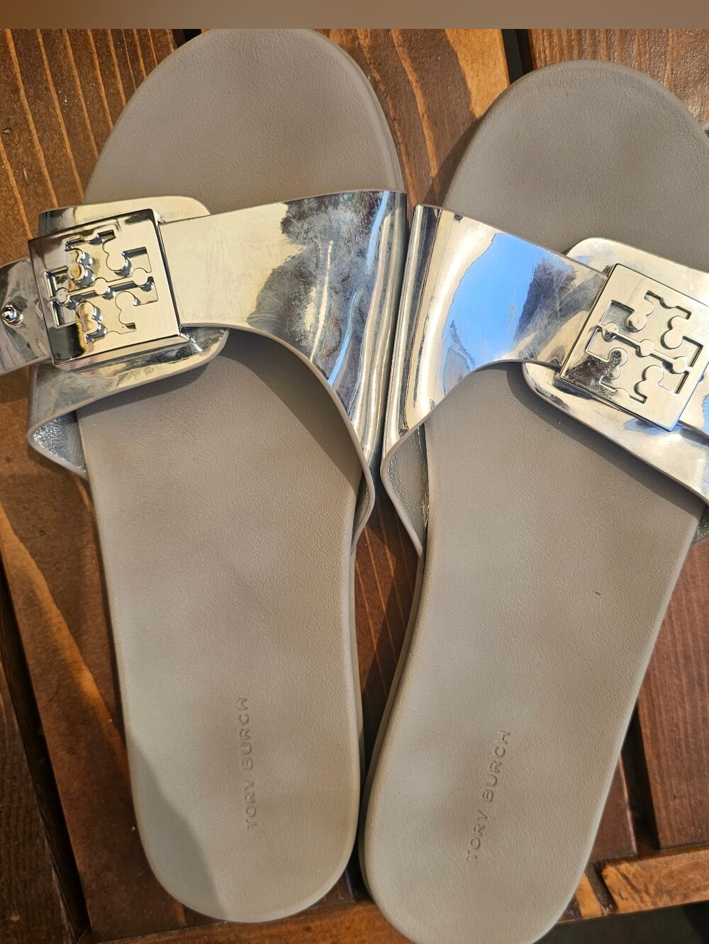Tory Burch Metallic Silver Buckle Slide Sandals Women's Size 9
